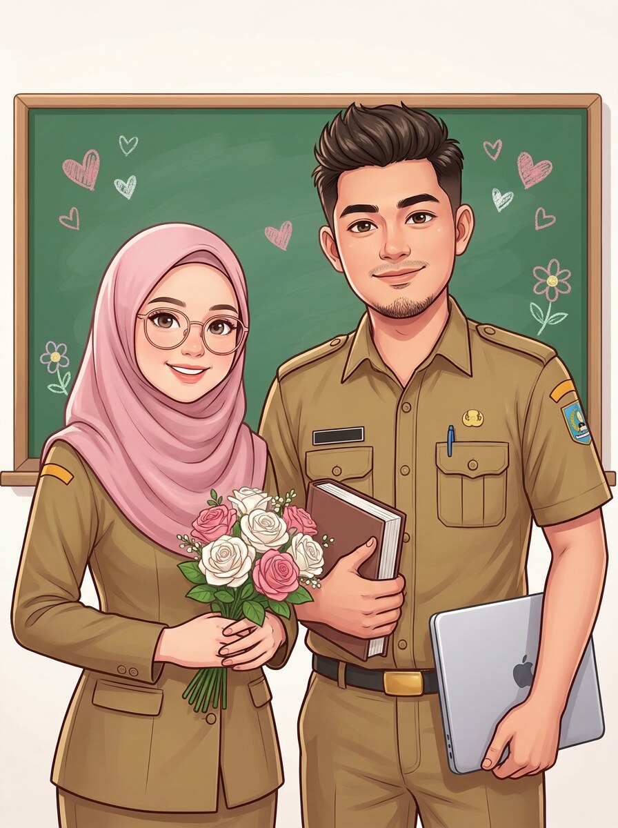Ilustrasi Sri dan Fauzan berseragam guru